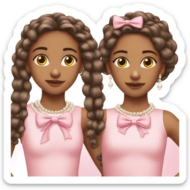 two teenage Latina twins. pink. Long hair. Pink bows. Pearls. Light pink. Diamonds dress. sticker