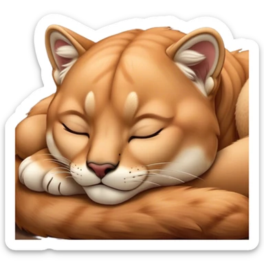 Meme-Worthy Cute Sleeping Cougar Portrait Emoji, Head resting peacefully with a contented smile, showcasing a lithe build and a luxuriously soft tawny Fur, eyes shut in a serene, restful nap, Simplified yet hilariously adorable features, highly detailed, glowing with a soft, drowsy light, high shine, relaxed and utterly lovable, stylized with an air of playful laziness, bright and heartwarming, soft glowing outline, capturing the essence of a comically sleepy cougar, so meme-worthy it feels like it could instantly become the next viral sensation of adorable slumber! sticker