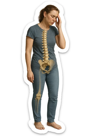 donna stanca a figura intera che si tiene una mano sulla tempia con spina dorsale anatomica visibile, iperrealistico 4k sticker