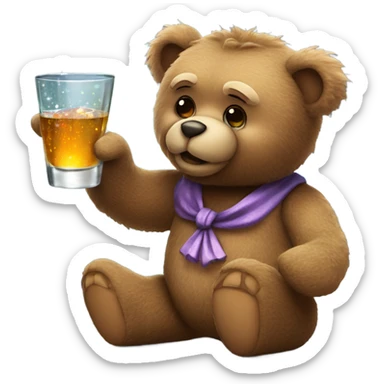 gruff teddy bear holding a gift that sparkles and a shot glass of liquor  sticker