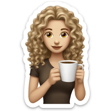 A white girl with darkblonde long curly hair holding a cup of coffee sticker