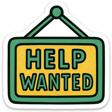 help wanted sign in green, white, and gold color scheme, minimalistic, sans-serif font, clean background sticker