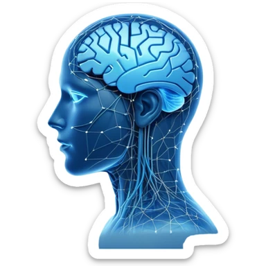 A futuristic and sleek AI-themed emoji. A glowing blue human head silhouette with a transparent effect, filled with interconnected circuit lines and neural nodes, symbolizing artificial intelligence. The head has a smooth, minimalistic design with a subtle glow around it. One side of the head blends into a digital pixelated pattern, showing the transition between human and machine intelligence. A small floating holographic brain or chip icon hovers near the head, reinforcing the AI theme. The background is dark or gradient blue to enhance the high-tech feel sticker