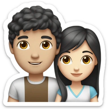 a dark-haired white man with brown eyes and a girl with light brown hair and blue eyes are holding hands and black and white cat and gray sticker