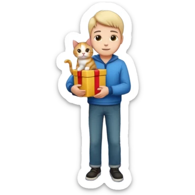 man houd kat vast en staat op dak met cadau`s sticker