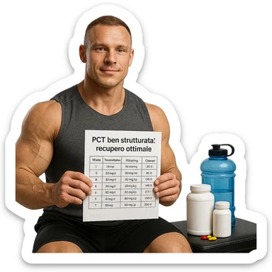 hyper realistic muscular healthy bodybuilder with serene and determined expression, in gym wearing sportswear, holding a detailed PCT (Post Cycle Therapy) chart with visible drugs and dosages, supplements and water next to him, positive recovery atmosphere, Italian caption: “PCT ben strutturata: recupero ottimale”, isolated on white background sticker