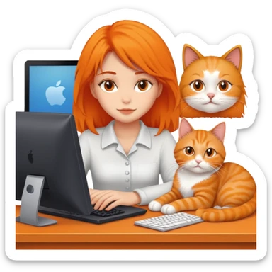 A girl is working in front of a computer, and a cat is lying next to the computer sticker
