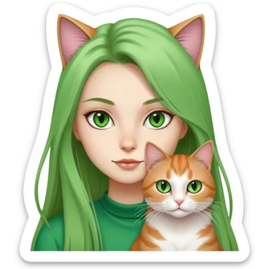 a cool girl with a long hair cat, cat’s eyes are green sticker