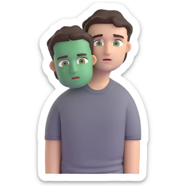 man with dark messy short hair, dark green eyes, wearing a gray t-shirt sticker