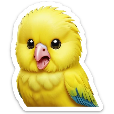 Cinematic Comical Yellow Budgie Portrait Emoji, Head tilted dramatically with an exaggeratedly amused expression, featuring a striking yellow feathered fur with a glossy finish, wide, expressive dark eyes filled with playful disbelief, Simplified yet hilariously expressive features, highly detailed, glowing with a slightly sassy glow, high shine, dramatic yet playful, stylized with an air of cheeky mischief, bright and endearing, soft glowing outline, capturing the essence of a spirited and over-the-top budgie, so meme-worthy it feels like it could side-eye its way into internet fame instantly! sticker