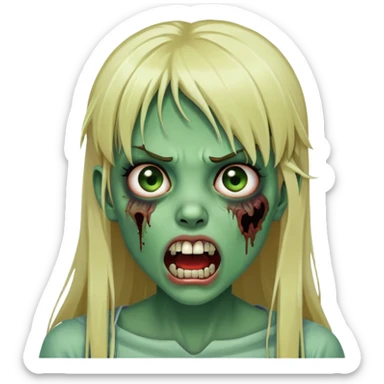 Zombie girl with green skin, visible bruises on face, mouth open showing teeth, long blonde hair with straight bangs sticker