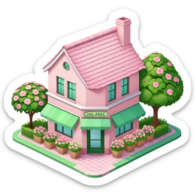 Organic juice shop, light pink and green and decorated with lots of florals, isometric exterior view, pitched roof with pink tiles sticker