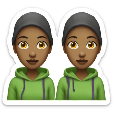 woman who is homeless, disheveld wearing green hoodie and purple shirt with yellowish eyes sticker