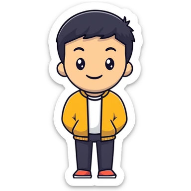 Asian man with short black hair, friendly smile, Josh Lim character sticker