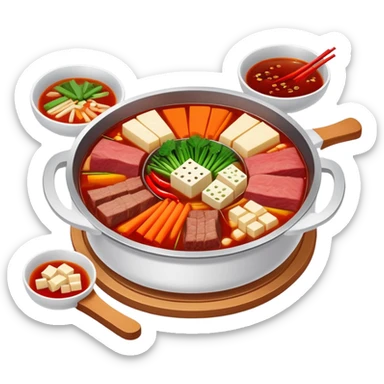 Chongqing Nine-grid Hot Pot with divided sections and spicy red broth, simplified emoji style with bold outlines and bright colors, cartoon style square Jiugongge Huoguo sticker