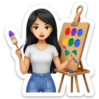 painting, easel, master piece, artist, long black hair tanned woman, paint pallet colors and paint brush, sexy sticker