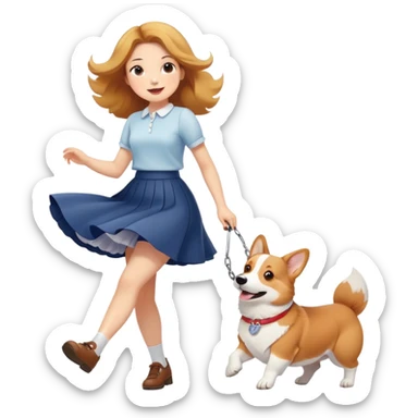 A beautiful girl with fair skin happily chases a corgi in a skirt sticker