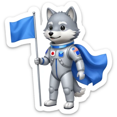 a wolf in space suit, holding blue rectangle flag, full body sticker