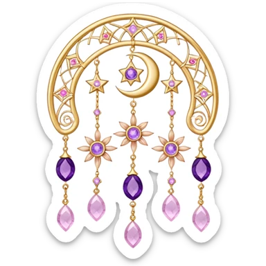 Epic Hanging gold suncatcher, threads with shiny sparkly amethyst and rose-quartz gemstones, flowers, moons, stars, sticker