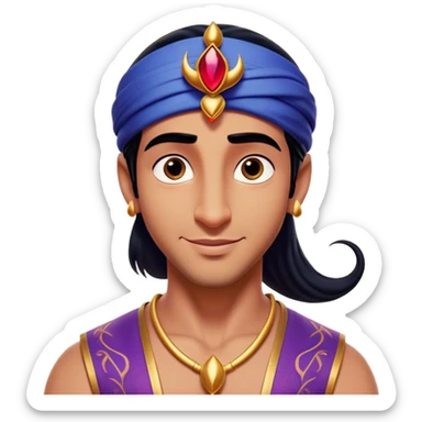 Cinematic Realistic Aladdin Portrait, head tilted playfully and inquisitively, showcasing his roguish charm and bright, mischievous eyes. His signature attire is rendered in exquisite detail with dynamic natural highlights, and a hint of magic sparkles about him—embodying a youthful, adventurous energy with friendly power. sticker