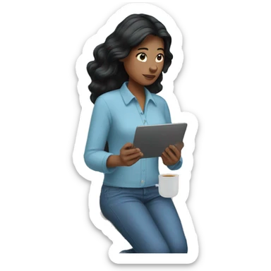 Woman working on a computer with black hair, AirPods and blue shirt sticker