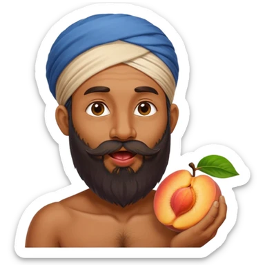 Indian man with a long beard licking a peach sticker