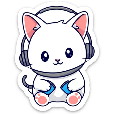white hacker cat with headphones and a mouse sticker