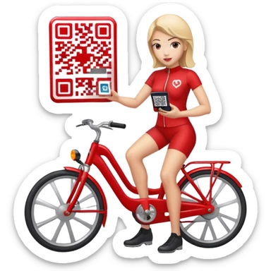 QR code on a red bike  -and a woman scanning the code standing next to the bike sticker