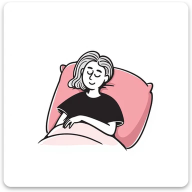 A detailed illustration of a girl with light brown hair and gray eyes, lying comfortably on a pink pillow, in the style of iOS 18 and Notion's black doodle aesthetic sticker