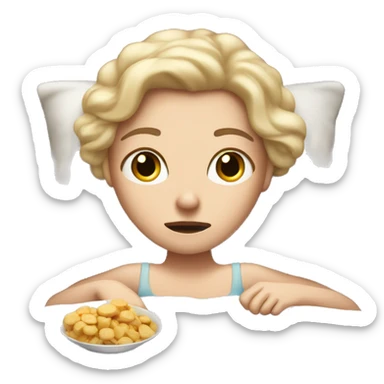 White girl awake at night in bed with snacks sticker