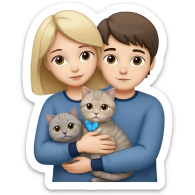 Blonde girl and brunette boy hugging a grey scottish fold cat sticker
