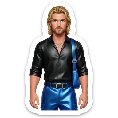 Chris Hemsworth with blue eyes, long blonde hair, black metallic shirt, cobalt blue metallic baggy pants, silver necklace sticker
