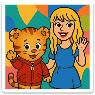Daniel Tiger and Taylor Swift together, vibrant toon style, smiling and waving sticker