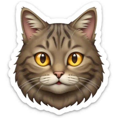 cinematic-[grey brown tabby cat]-realistic-emoji,-head-tilted-dramatically,-scruffy-[predominantly grey]-fur,-simplified-yet-realistic-focused-features,-highly-detailed,-glowing-with-an-almost-sarcastic-glow sticker