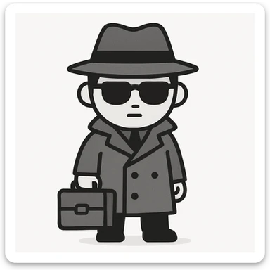 spy character, classic noir look, holding a briefcase, minimalist style sticker