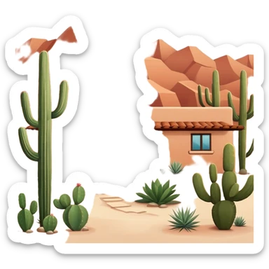 Tucson style house with adobe walls, flat roof, southwestern architecture, desert landscaping, cactus sticker