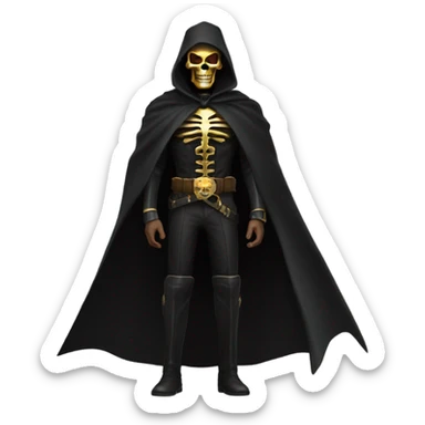 Bounty Hunter Boss with black cape and a gold skull jaw mask from death Stranding, full body view sticker