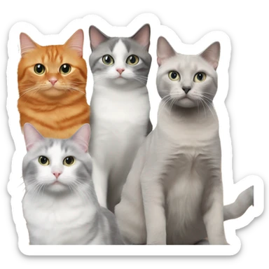 1 orange cat, 1 gray and white cat, 1 gray tabby cat, and 1 ragdoll cat at birthday party sticker