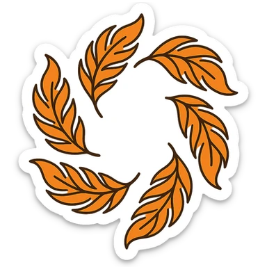 Create a minimalist version of six fiery phoenix feathers arranged in a circular pattern with clean lines, simple shapes, and a limited color palette. Use a white or transparent background. sticker