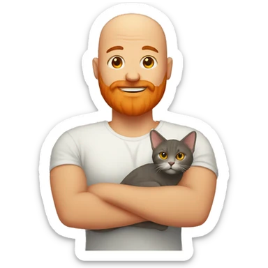 A bald man with a big orange beard holding a cat sticker