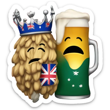 An australian flag hugging a British flag- The British flag is holding a beer and wearing a crown and the Australian flag looks sad and dishevelled  sticker