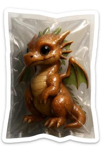 vacuum sealed style dragon, detailed, cute, shiny plastic look, no text sticker