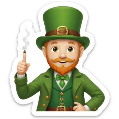 leprechaun looking up, and giving a thumbs up. on his left hand, he is holding his waist. change the hat band with orange band and a red belt. change the facial hair to white. on his mouth, he is smoking a red pipe. sticker