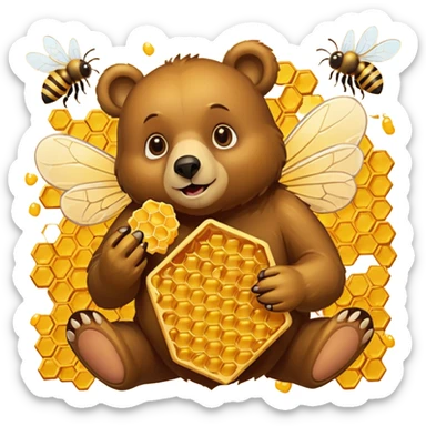 bear eating honeycomb with bees flying around sticker