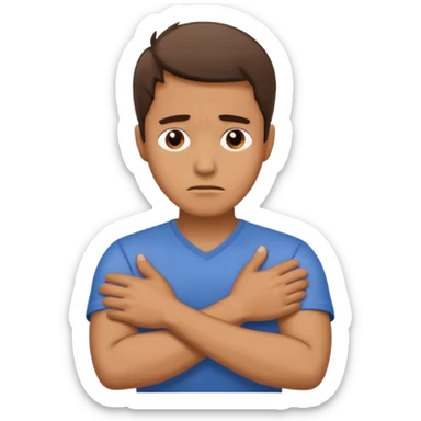 A man looking stressed holding the front of his neck with his arms crossed sticker