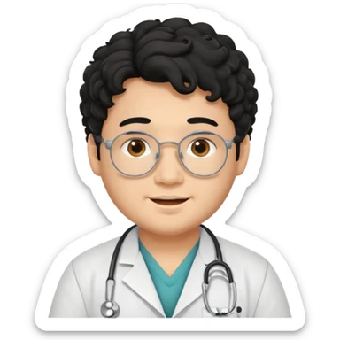 a young asian chubby male doctor with black long curly hair and cheerful face without gpasses sticker