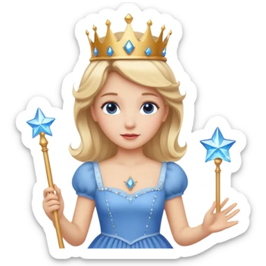 dorothy queen blonde hair, white dress with magic wand, rounded sparcle, and crown on head.Decolded blue dress sticker