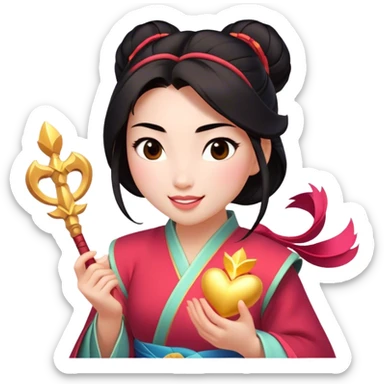 Cinematic Adorable Mulan Portrait Emoji, Playfully holding Cri-Kee in her hands, eyes sparkling with mischief, soft rosy cheeks, a warrior with a heart full of charm, radiant in the morning sunlight, glowing with warmth and joy! sticker