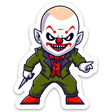evil clown warrior, bald, small black satan-like horns on forehead, fangs, pointed ears, black and military green leisure suit with bellbottom pants, realistically proportioned, less bulky, full body, battle-ready fighting posture sticker