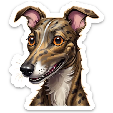 Cinematic Comical Brindle Greyhound Portrait Emoji, Head tilted dramatically with an exaggeratedly amused expression, featuring a striking brindle Fur with bold patterns, wide, expressive eyes filled with playful disbelief, Simplified yet hilariously expressive features, highly detailed, glowing with a slightly sassy glow, high shine, dramatic yet playful, stylized with an air of cheeky mischief, bright and endearing, soft glowing outline, capturing the essence of a spirited and over-the-top racer, so meme-worthy it feels like it could side-eye its way into internet fame instantly! sticker